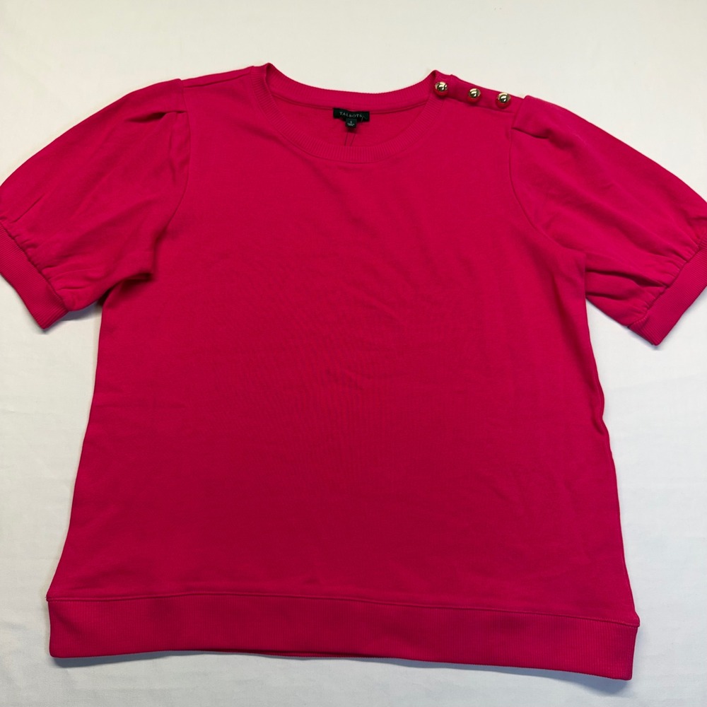 Talbots Pink Puff Sleeve Sweatshirt Top Gold Button Shoulder Cotton Small NWT - Picture 3 of 10